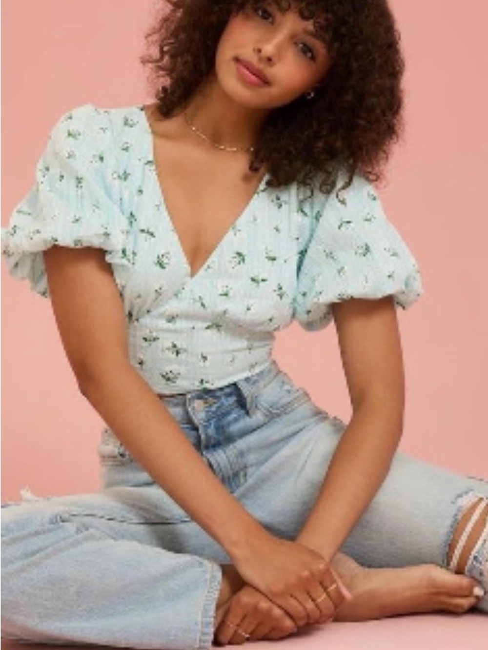 Altar'd State Light Blue Floral Puff-Sleeve Wrap Blouse
